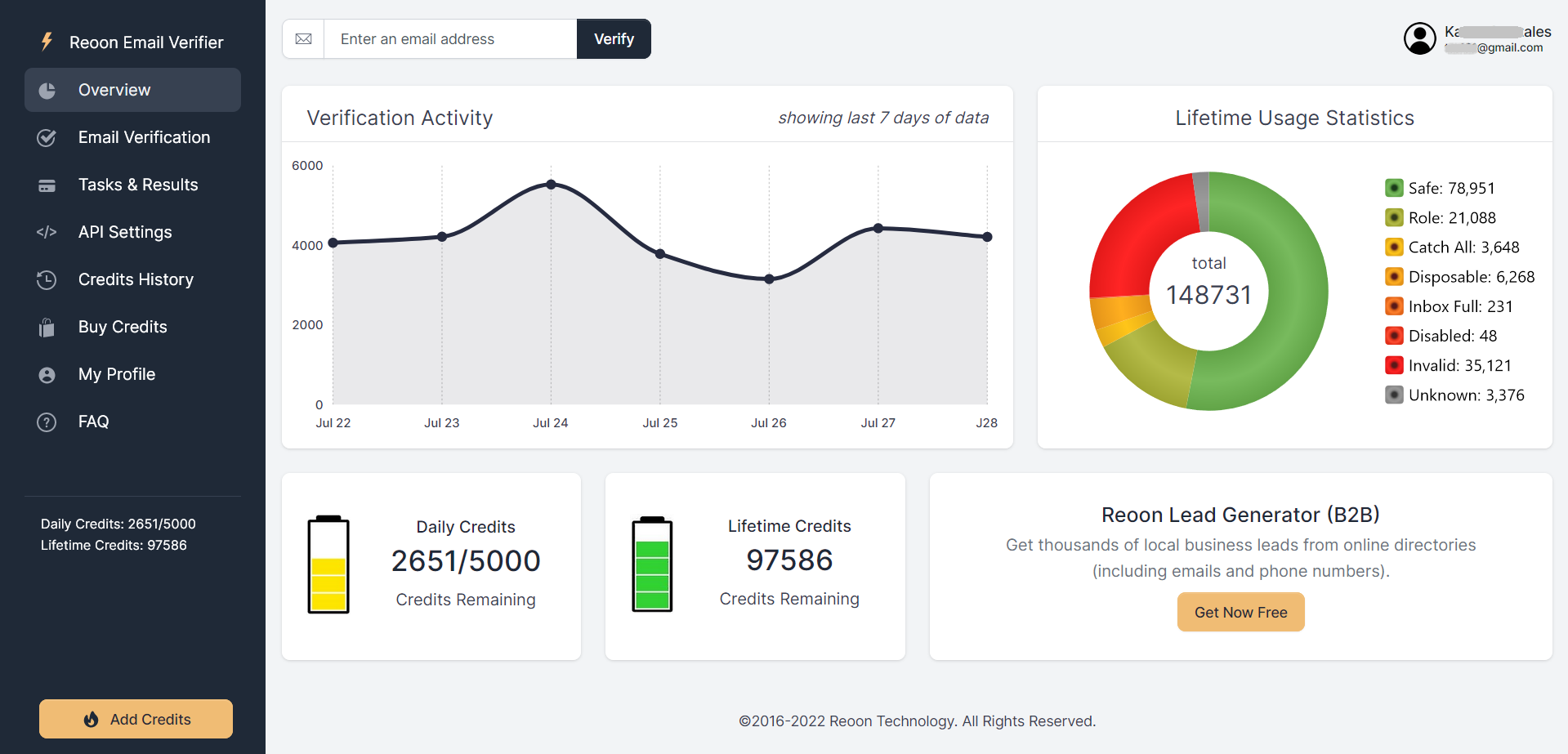 Reoon Email Verifier – Free Bulk Email Verification Tool 1 Reoon Email Verifier dashboard showing verification activity and lifetime usage statistics