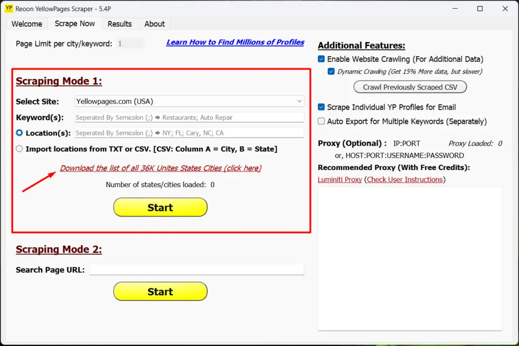 reoon yellowpages scraper mode one download city list