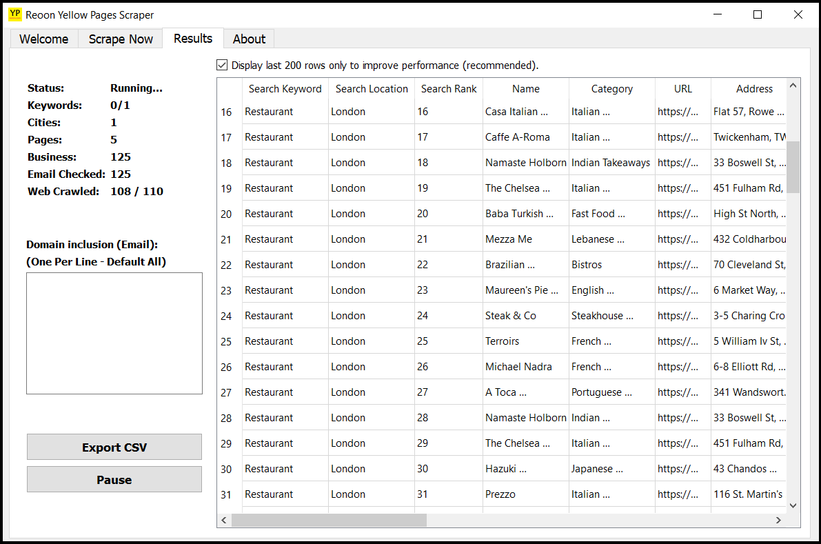 Reoon YellowPages Scraper results table with business names, categories, websites and addresses