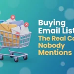 Illustration of a shopping cart full of envelopes, several broken or marked invalid, with a price tag - the hidden costs of buying email lists