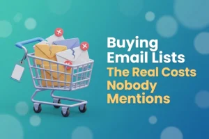 Illustration of a shopping cart full of envelopes, several broken or marked invalid, with a price tag - the hidden costs of buying email lists