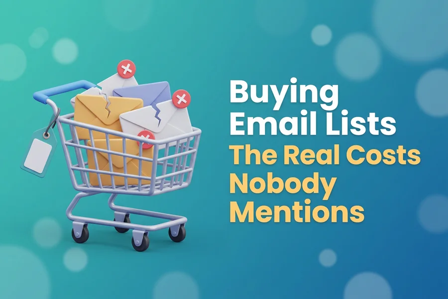 Illustration of a shopping cart full of envelopes, several broken or marked invalid, with a price tag - the hidden costs of buying email lists