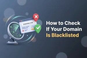Illustration of a radar scanning a domain card with a red listed pin and a green clear pin, for checking email blacklists