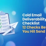Illustration of a pre-send checklist clipboard with ticked boxes beside a paper plane ready to launch, for cold email deliverability