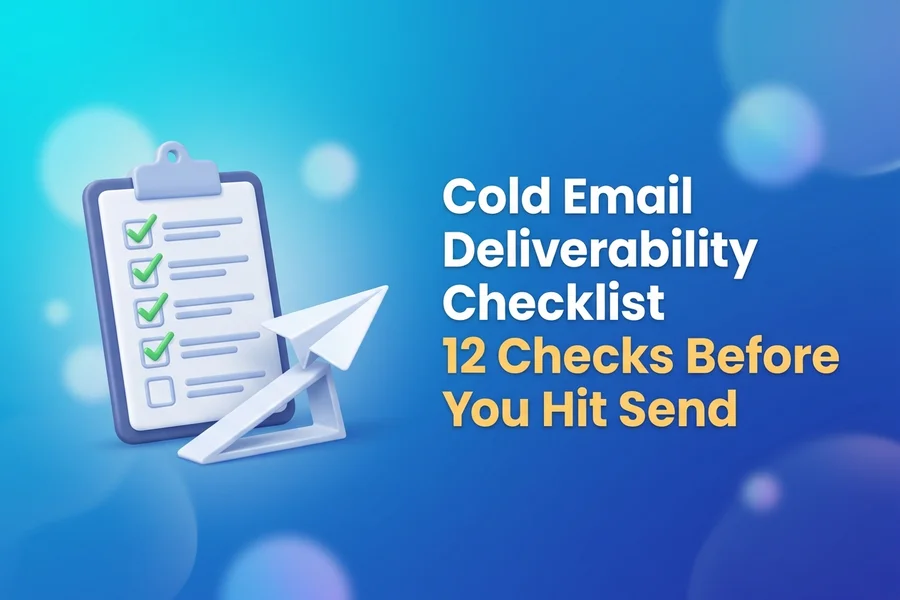 Illustration of a pre-send checklist clipboard with ticked boxes beside a paper plane ready to launch, for cold email deliverability