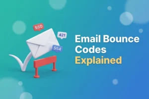 Illustration of an envelope bouncing off a barrier with badges showing SMTP error codes 550, 421 and 554