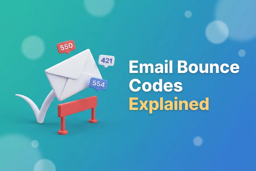 Illustration of an envelope bouncing off a barrier with badges showing SMTP error codes 550, 421 and 554