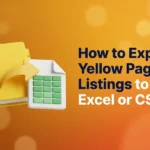 Illustration of a yellow directory book with an arrow flowing into a spreadsheet file, showing Yellow Pages listings being exported to Excel or CSV