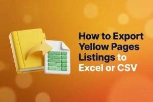 Illustration of a yellow directory book with an arrow flowing into a spreadsheet file, showing Yellow Pages listings being exported to Excel or CSV