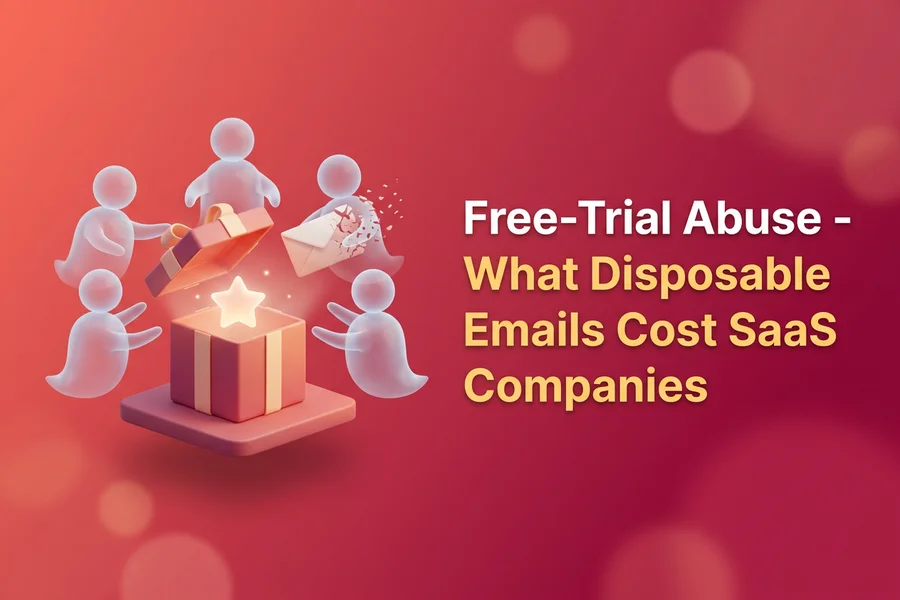 Illustration of many identical ghost-like users reaching for one free-trial gift box, one holding a dissolving disposable email envelope
