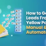 Illustration of a yellow directory book with business contact cards flying out into an organized lead list