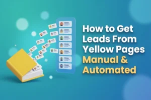 Illustration of a yellow directory book with business contact cards flying out into an organized lead list
