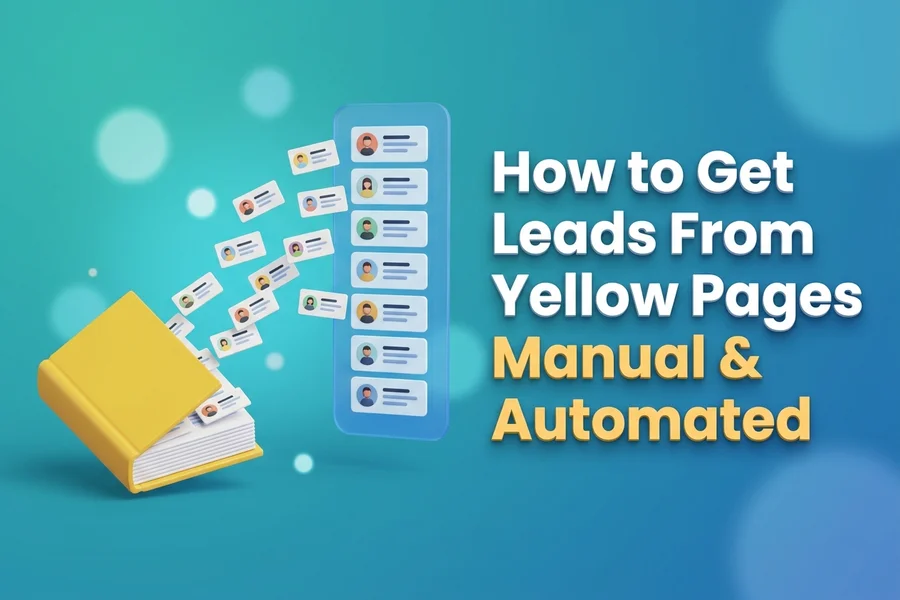 Illustration of a yellow directory book with business contact cards flying out into an organized lead list