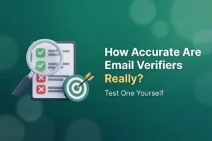 Illustration of a magnifying glass grading a verification results checklist beside a target, for testing email verifier accuracy yourself