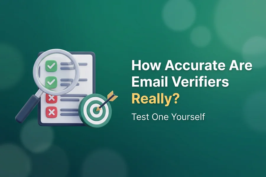 Illustration of a magnifying glass grading a verification results checklist beside a target, for testing email verifier accuracy yourself