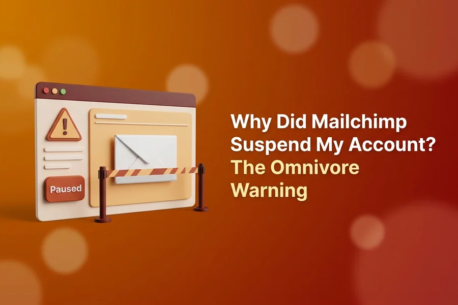 Illustration of an email dashboard with a warning triangle and a paused send blocked by a barrier, representing a Mailchimp Omnivore warning