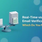 Illustration of a balance scale weighing a single fast envelope against a large stack of envelopes, comparing real-time and bulk email verification