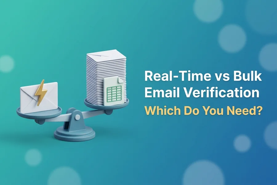 Illustration of a balance scale weighing a single fast envelope against a large stack of envelopes, comparing real-time and bulk email verification