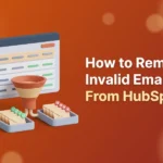 Illustration of CRM contact rows flowing through a funnel that separates valid and invalid email addresses into two trays