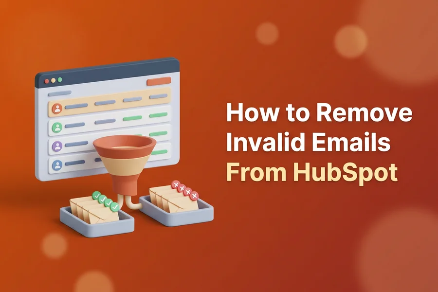 Illustration of CRM contact rows flowing through a funnel that separates valid and invalid email addresses into two trays