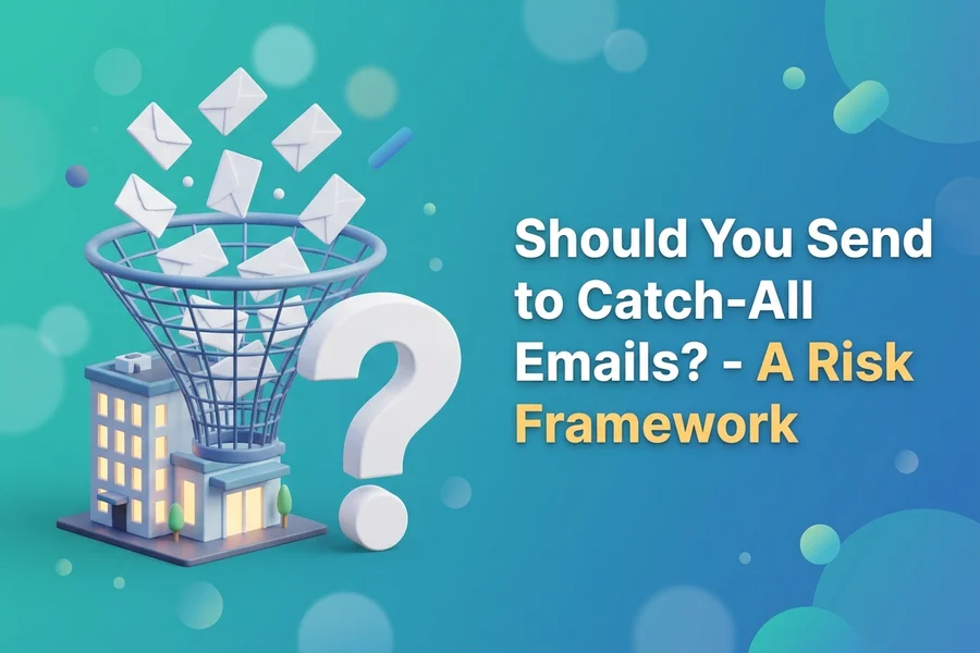Illustration of a catch-all domain as a funnel on an office building accepting every incoming envelope, with the title Should You Send to Catch-All Emails