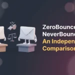 Illustration of two envelope characters on podiums with a referee whistle and scales between them, comparing ZeroBounce and NeverBounce