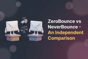 Illustration of two envelope characters on podiums with a referee whistle and scales between them, comparing ZeroBounce and NeverBounce