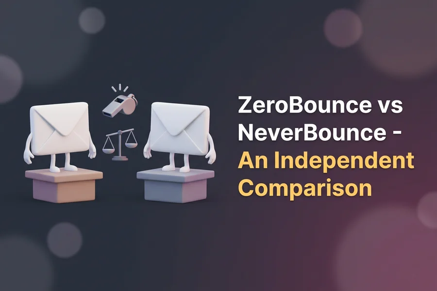 Illustration of two envelope characters on podiums with a referee whistle and scales between them, comparing ZeroBounce and NeverBounce