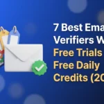 Seven colored gift tags fanned out beside a white envelope with a green check badge, illustrating email verifiers with free trials or free daily credits