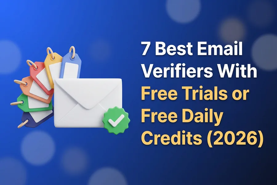 Seven colored gift tags fanned out beside a white envelope with a green check badge, illustrating email verifiers with free trials or free daily credits