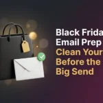 Black shopping bag with a gold gift tag and a verified envelope, illustrating Black Friday email list cleaning before the big send