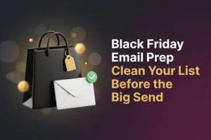 Black shopping bag with a gold gift tag and a verified envelope, illustrating Black Friday email list cleaning before the big send