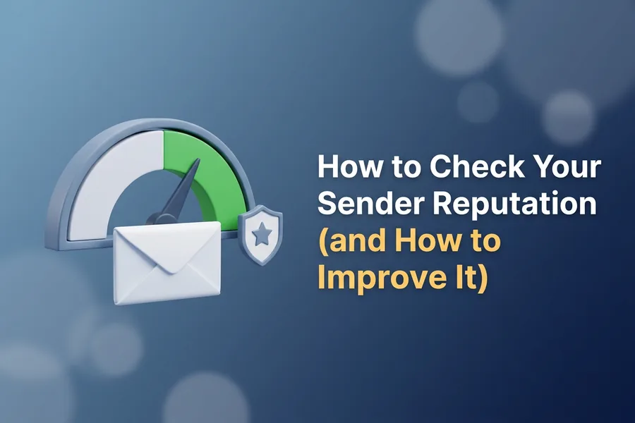 Semicircular gauge with the needle in the green zone, a white envelope in front and a small shield with a star, illustrating how to check sender reputation