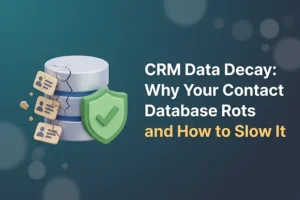Cracked database cylinder shedding contact-card tiles on one side while a green shield with a check mark holds the other side intact, illustrating CRM data decay