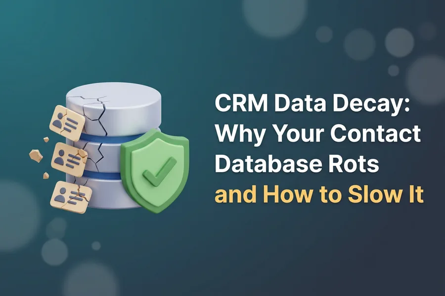 Cracked database cylinder shedding contact-card tiles on one side while a green shield with a check mark holds the other side intact, illustrating CRM data decay