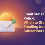 White envelope with a green check badge in front of a setting sun on the horizon, illustrating an email sunset policy for inactive subscribers