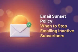 White envelope with a green check badge in front of a setting sun on the horizon, illustrating an email sunset policy for inactive subscribers