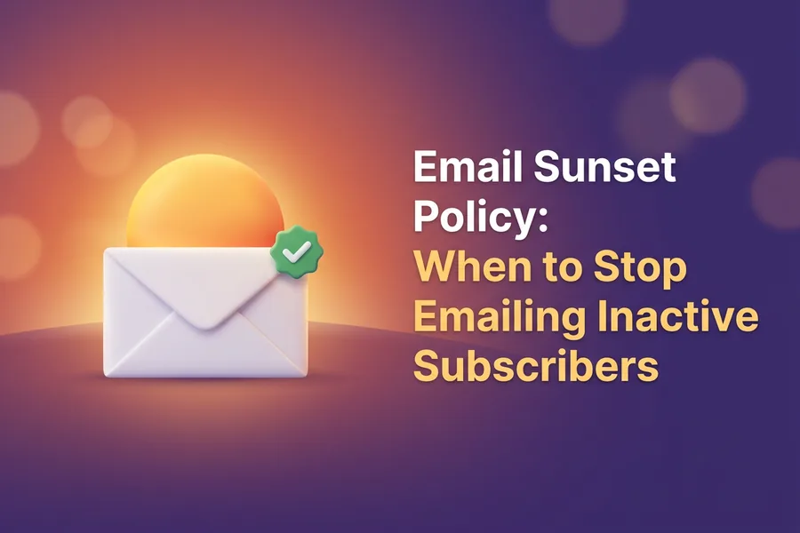 White envelope with a green check badge in front of a setting sun on the horizon, illustrating an email sunset policy for inactive subscribers