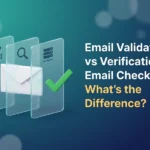 Three glass panels with text, search and server icons, an envelope passing through them and a green check mark, illustrating email validation vs email verification