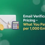 Stack of gold coins, an envelope with a price tag and a calculator, illustrating email verification pricing per 1,000 emails