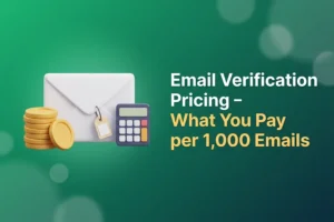 Stack of gold coins, an envelope with a price tag and a calculator, illustrating email verification pricing per 1,000 emails