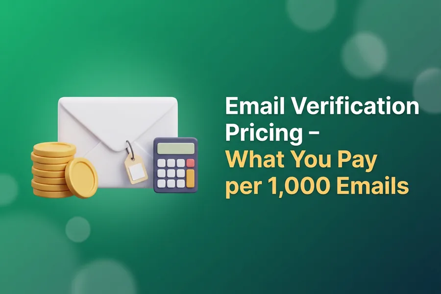 Stack of gold coins, an envelope with a price tag and a calculator, illustrating email verification pricing per 1,000 emails