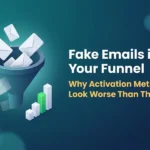 Envelopes pouring into a 3D funnel while faded ghost envelopes drift out of its side, next to a small bar chart with one green bar, illustrating fake emails in your funnel distorting activation metrics