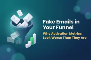 Envelopes pouring into a 3D funnel while faded ghost envelopes drift out of its side, next to a small bar chart with one green bar, illustrating fake emails in your funnel distorting activation metrics