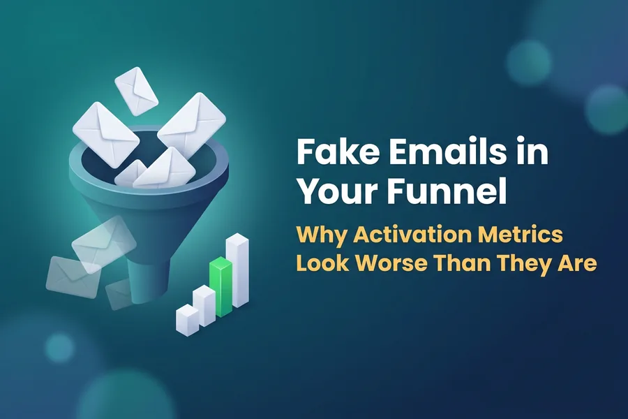 Envelopes pouring into a 3D funnel while faded ghost envelopes drift out of its side, next to a small bar chart with one green bar, illustrating fake emails in your funnel distorting activation metrics