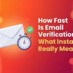 White envelope with motion streaks beside a stopwatch and a green check badge, illustrating how fast email verification really is