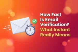White envelope with motion streaks beside a stopwatch and a green check badge, illustrating how fast email verification really is