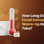 White envelope beside a thermometer filled halfway and a small calendar, illustrating how long email domain warm-up takes