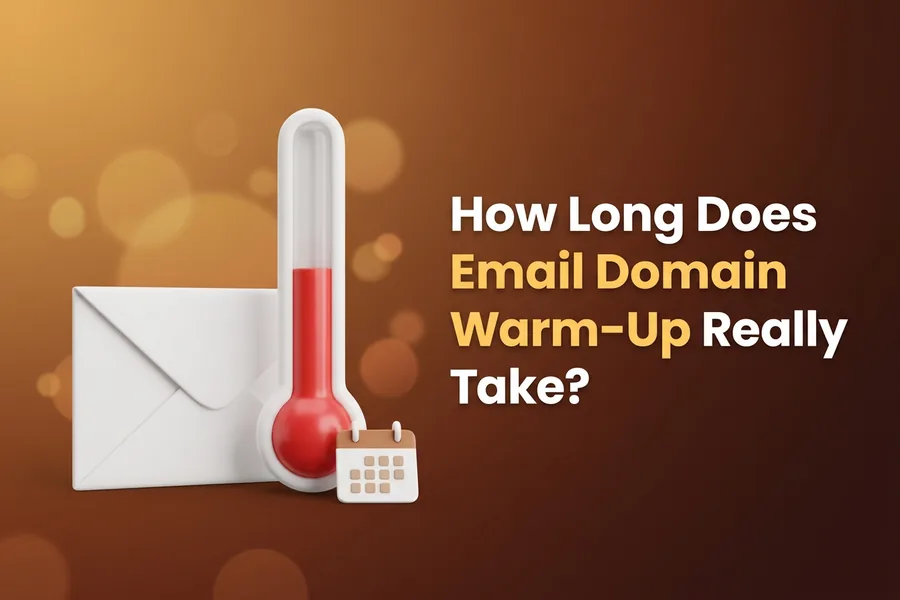 White envelope beside a thermometer filled halfway and a small calendar, illustrating how long email domain warm-up takes