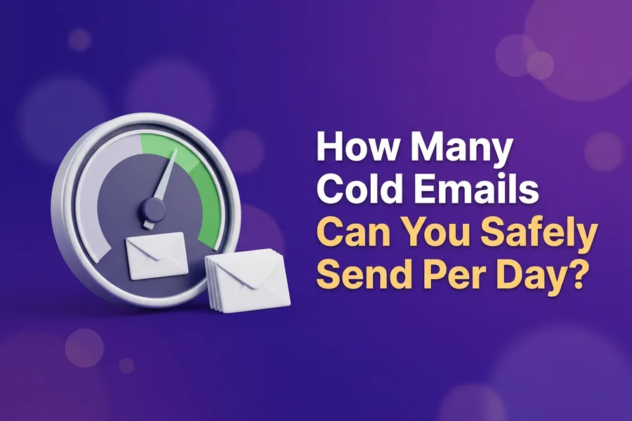 Speedometer with its needle in the green zone beside a stack of envelopes, illustrating how many cold emails you can safely send per day